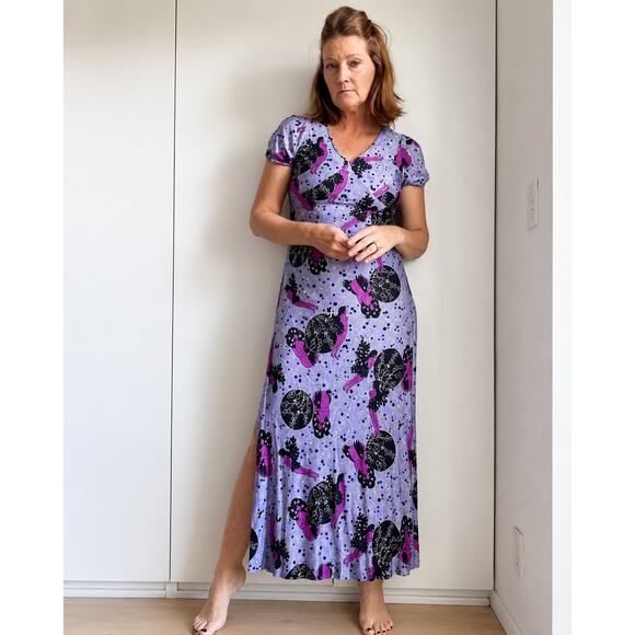 Vintage Dresses & Skirts - Vintage 70s Maxi Dress Sea Siren Print Purple Black Sexy Fit Side Slits Maxi